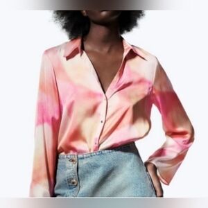 Zara Tie Dye Button Down Blouse Pink Orange Long Sleeve XXL Plus